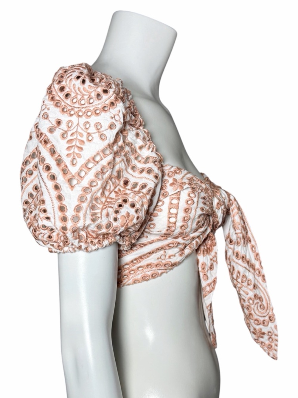 Bardot Eyelet Tie Front Crop Top Puff Sleeve White Tan Embroidered Boho EUC S - Picture 6 of 13